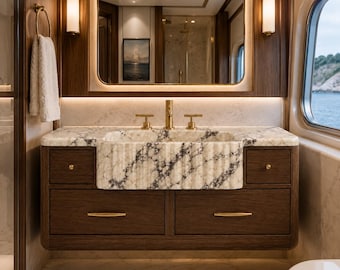 Calacatta Viola Marble Sink Vanity with Custom Walnut Furniture, Luxury Floating Bathroom Vanity, Handmade Natural Stone Sink