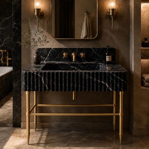 May include: A black marble vanity with gold-colored legs and fixtures. The vanity has a rectangular sink and a textured, ribbed front. The gold legs are slender and have pointed feet. A mirror and sconces are mounted on the wall above the vanity.