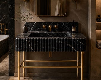 Nero Marquina Marble Console Sink with Brass Legs, Fluted Black Stone Vanity Basin, Custom Luxury Bathroom Sink