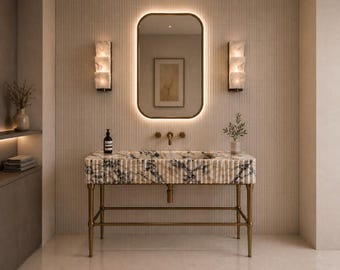 Lavabo de mármol Calacatta Viola, tocador de baño de mármol estriado con patas de latón, lavabo de piedra hecho a mano, lavabo de tocador de lujo a medida.