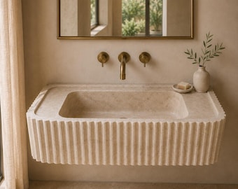 Travertine Fluted Bathroom Sink, Wall Mounted Stone Basin, Floating Vanity Sink, Handmade Custom Natural Stone Sink