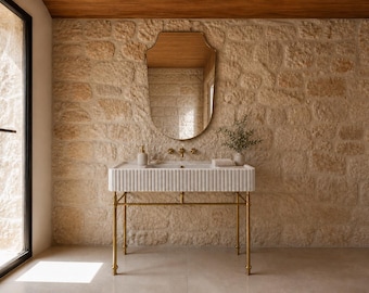 Carrara White Fluted Marble Sink with Metal Legs, Custom Marble Console Vanity, Luxury Bathroom Sink, Handmade Vanity Set