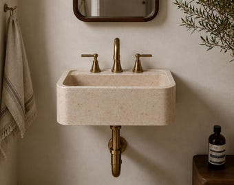 Travertine Wall Mount Sink, Handmade Natural Stone Bathroom Basin, Custom Marble Sink for Powder Room, Beige Vanity