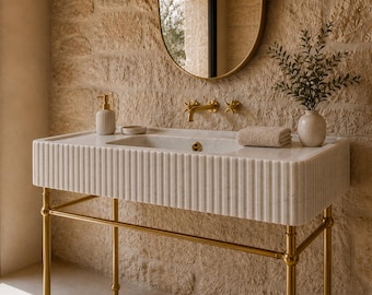 Carrara White Fluted Marble Sink with Metal Legs, Custom Marble Console Vanity, Luxury Bathroom Sink, Handmade Vanity Set