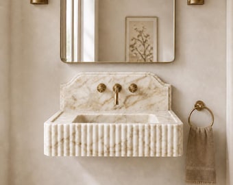 Calacatta Gold Marble Bathroom Sink, Wall Mounted Ribbed Backsplash Stone Basin, Custom Luxury Vanity Sink