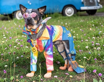 Pet Hippie Costume, 70s Tie-Dye Bodysuit, Handmade Pet Outfit