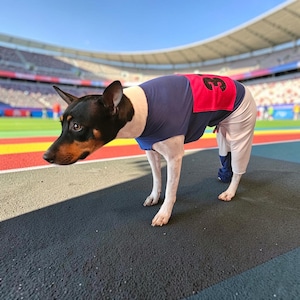 May include: A small dog with a black and white coat wearing a blue shirt with a pink patch on the back featuring the black number 3. The dog also wears white pants that cover the hind legs, standing on a dark track surface in a stadium.