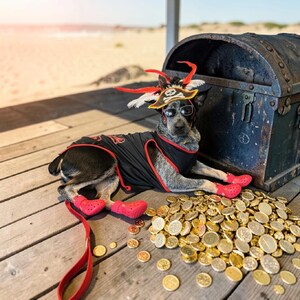 May include: A dog dressed as a pirate, wearing a black and red outfit, sunglasses, and a pirate hat with feathers. The dog is lying next to a treasure chest and a pile of gold coins, with red shoes on its paws.