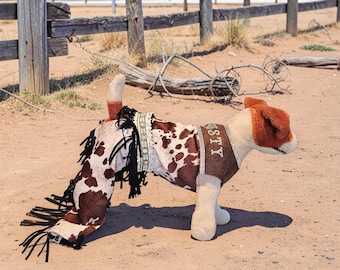 Western Pet Costume, Cow Print Vest and Chaps, Rhinestone Fringe Detail