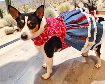 Red Paisley Western Pet Dress, Rhinestone western pet costume, Denim ruffle skirt