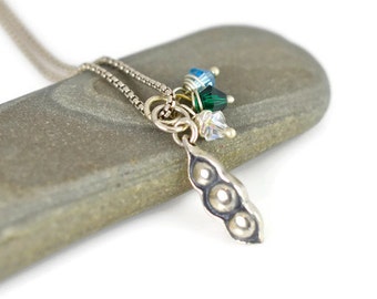 Mother Necklace, Mother of 3, pea pod necklace, Pea Pod charm,  Mother's Day, Mom's Birthday, Gift for mom, Birthstone Necklace, Mom, Mother