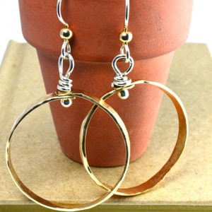 Hoops, Gold Hoops, Gold Earrings,  Sterling and Gold earrings, 70&#39;s Inspired Earrings, Light weight hoops, 1970, Modern hoops, Gold jewelry