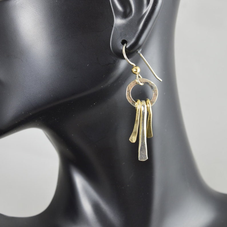 Silver and Gold Dangle Drop Earrings, 2 Tone, Wind Chime, Chandelier Style, Modern, Trendy