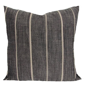 FARMHOUSE PILLOWS, Black Pillow Covers, Brown Pillow Covers, Charcoal Ticking Throw Pillow Covers for 16x16, 18x18, 20x20 Pillows, All Sizes