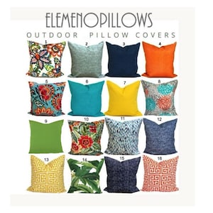 May include: Sixteen outdoor cushion covers in a variety of colours and patterns. The cushions feature floral, geometric, and solid designs in shades of blue, orange, yellow, green, and teal. The text "ELEMENOPILLOWS OUTDOOR PILLOW COVERS" is at the top.
