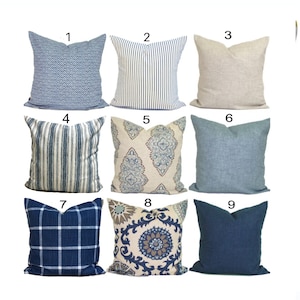 Blue Pillow Covers, Blue Tan Pillow Covers, Blue Throw Pillow Covers for All Size Pillow Inserts incl. Euro Shams