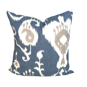 Blue Tan Pillow COVER. Blue Ikat Pillow Cover, Blue Throw Pillow Covers for 20x20 Pillow, 16x16 Pillows, 18x18 Pillows, All Sizes incl Euros