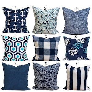 Fundas de almohada azules para exteriores, fundas de almohada azules para exteriores, fundas de almohada náuticas para rellenos de almohada de 20x20, 16x16 y 18x18 pulgadas, todos los tamaños.