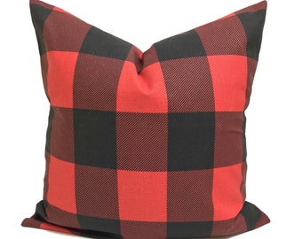 Red Check Pillow Cover, Red Farmhouse Pillows, Red Black Plaid Pillow Covers for 20x20, 18x18, 16x16 Inserts, ALL SIZES