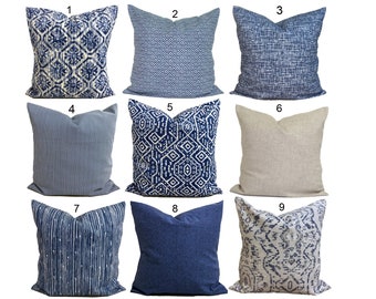 Blue Pillow COVER, Blue Throw Pillows, Blue Tan Pillow Covers for 20x20, 18x18, 16x16 Inserts, ALL SIZES Incl Euro Shams and Lumbar