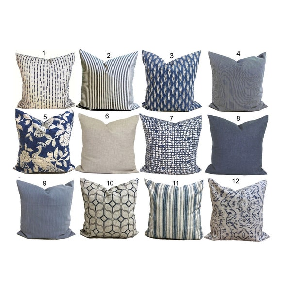 Blue Tan Pillow COVER, Tan Blue Pillows, Blue Throw Pillows, Indigo Blue Euro Sham, Pillow Covers for 20x20, 18x18, 16x16 Inserts, ALL SIZES
