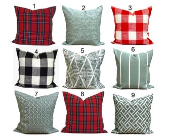 OUTDOOR CHRISTMAS Pillow Covers, Outdoor Farmhouse Christmas Pillow Covers, Red Green Tartan Plaid, 20x20, 18x18, 16x16, ALL Sizes