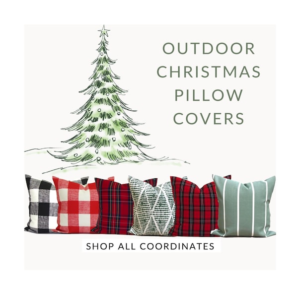 OUTDOOR CHRISTMAS Pillow Covers, Outdoor Farmhouse Christmas Pillow Covers, Red Green Tartan Plaid, 20x20, 18x18, 16x16, ALL Sizes