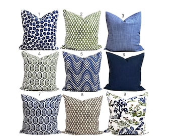 Blue Pillow COVERS. Blue Throw Pillow Covers, Green Pillow Covers for 20x20, 18x18, 16x16 Inserts, ALL Sizes Incl. Euro Shams and Lumbar