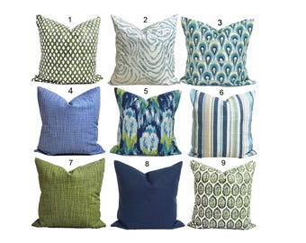 Blue Throw Pillows, Blue Pillow COVER, Green Pillow Covers for 20x20, 18x18, 16x16 Inserts, ALL SIZES Incl Euro Shams and Lumbars