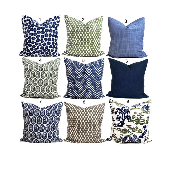 Blue Pillow COVERS. Blue Throw Pillow Covers, Green Pillow Covers for 20x20, 18x18, 16x16 Inserts, ALL Sizes Incl. Euro Shams and Lumbar