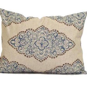 Blue Pillow Cover SALE, Blue Tan Lumbar Pillow Cover for a 12x16 or 12x18 or 12x20 Lumbar Pillow, Damask Pillow Cover