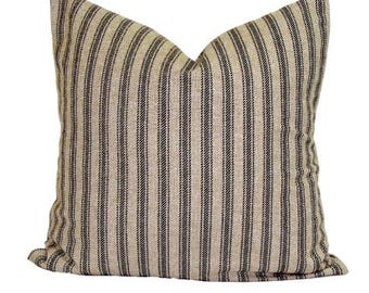 Black Ticking Stripe Pillow Cover, Farmhouse Cotton Rayon Cushion Cover