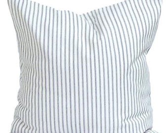Blue Ticking Stripe Pillow Cover: Farmhouse Decor, 100% Cotton Pillow Covers