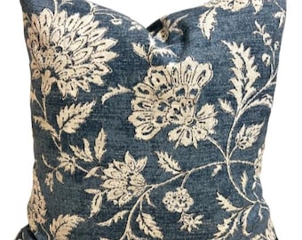 Blue Floral Print Pillow Cover. Blue Decorative Pillow Covers. Blue Flower Pillow Covers, All Sizes