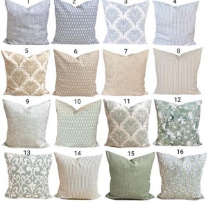 May include: A collection of sixteen square throw pillow covers arranged in a four-by-four grid, each numbered one through sixteen. The covers feature various patterns including stripes, botanical leaf prints, geometric shapes, and floral designs in blue, beige, green, and white color palettes.