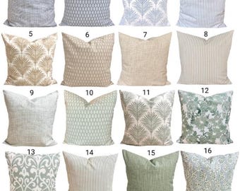 Coastal Throw Pillow Covers, Blue Green Tan Floral Leaf Stripe Patterns,  All Sizes