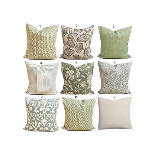 グリーンブロックプリントの枕カバー：コットンスローピロー、ユーロシャムサイズ