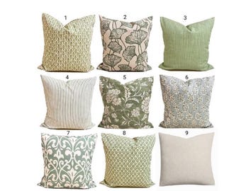 Green Block Print Pillow Cover: Cotton Throw Pillow, Euro Sham Sizes
