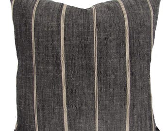 FARMHOUSE PILLOWS, Black Pillow Covers, Charcoal Ticking Throw Pillow Covers for 16x16, 18x18, 20x20 Pillows, All Sizes