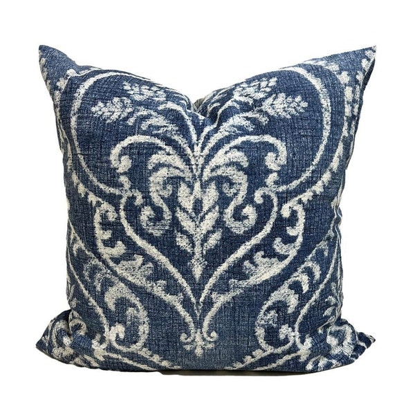 Blue Damask Pillow Covers, Indigo Blue Pillow Covers, Blue Ikat Pillow Covers, Blue Floral Pillows, ALL SIZES