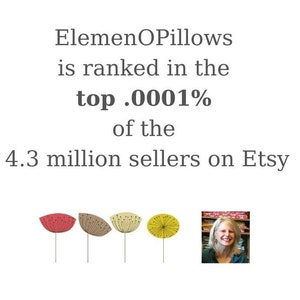 May include: White background with text: "ElemenOPillows is ranked in the top .0001% of the 4.3 million sellers on Etsy." Includes a row of stylized flower illustrations in red, brown, and yellow. A small photo of a smiling woman is in the bottom right.