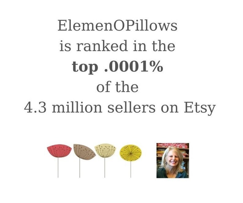 May include: White background with text: "ElemenOPillows is ranked in the top .0001% of the 4.3 million sellers on Etsy." Includes a row of stylized flower illustrations in red, brown, and yellow. A small photo of a smiling woman is in the bottom right.