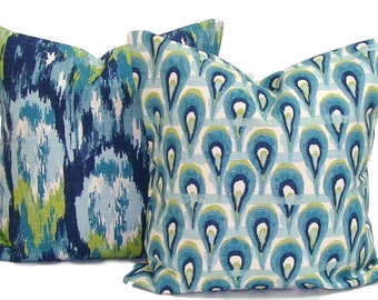 Blue Pillow Cover SET,  Blue Throw Pillow Covers, Green Throw Pillows, Blue Ikat Pillows for 16x16, 18x18 or 20x20 Pillow Inserts