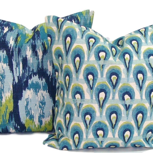 Blue Pillow Cover SET,  Blue Throw Pillow Covers, Green Throw Pillows, Blue Ikat Pillows for 16x16, 18x18 or 20x20 Pillow Inserts