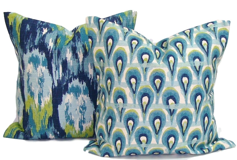 Blue Pillow Covers. Blue Pillow Cover SET,  Blue Throw Pillow Covers, Green Throw Pillows, Blue Ikat Pillows