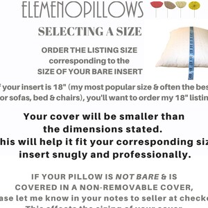 May include: White pillow with a blue measuring tape showing 18 inches. Text on the image reads "ELEMENOPILLOWS SELECTING A SIZE" and provides instructions for ordering the correct pillow size.