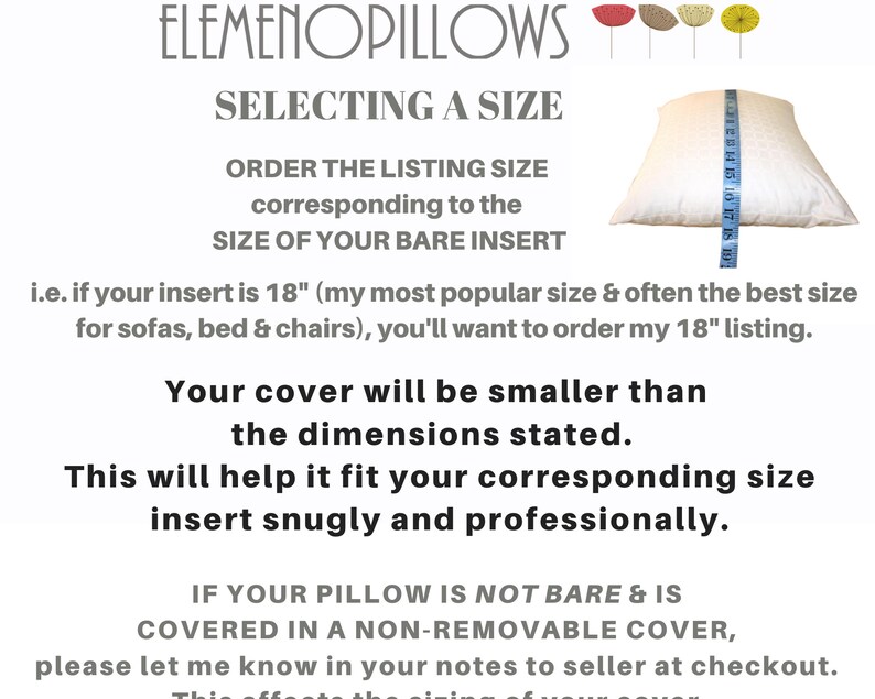May include: White pillow with a blue measuring tape showing 18 inches. Text on the image reads "ELEMENOPILLOWS SELECTING A SIZE" and provides instructions for ordering the correct pillow size.