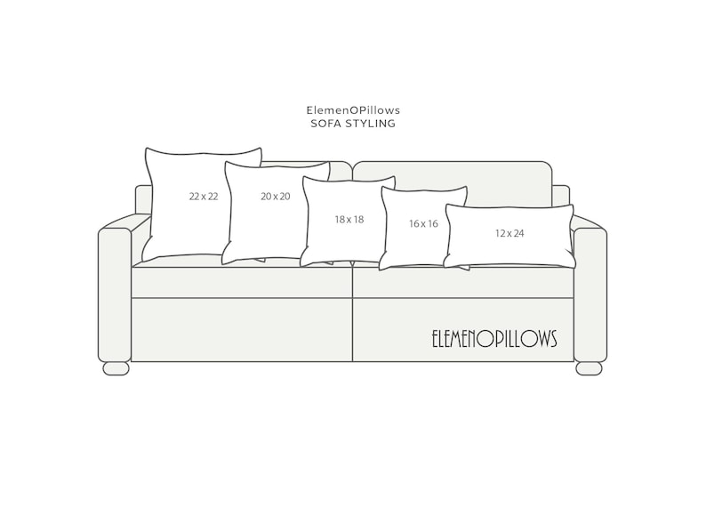 May include: Line drawing of a sofa with five pillows of varying sizes: 22x22 inches, 20x20 inches, 18x18 inches, 16x16 inches, and 12x24 inches. The text "EmenOPIllows SOFA STYLING" is at the top and "ELEMENOPILLOWS" at the bottom.