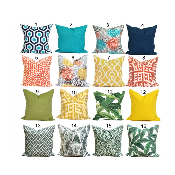 Outdoor Pillow Covers, Orange Pillow Cover, Yellow Pillow Cover, Blue Pillow Covers for 20x20, 18x18, 16x16 Inserts, ALL SIZES