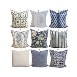 Fodera per cuscino con stampa a blocchi blu: Fodere per cuscini in misto cotone color indaco, avena e crema, tutte le misure